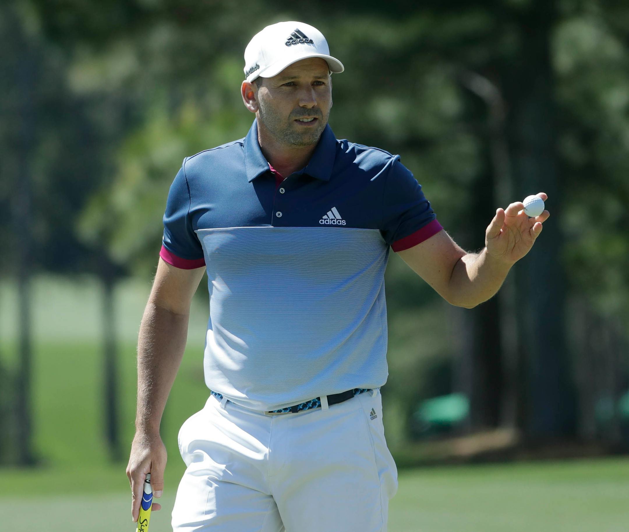 Sergio Garcia, of Spain, reacts to his birdie on the 17th hole during the second round of the Masters golf tournament Friday, April 7, 2017, in Augusta, Ga. (AP Photo/Chris Carlson)