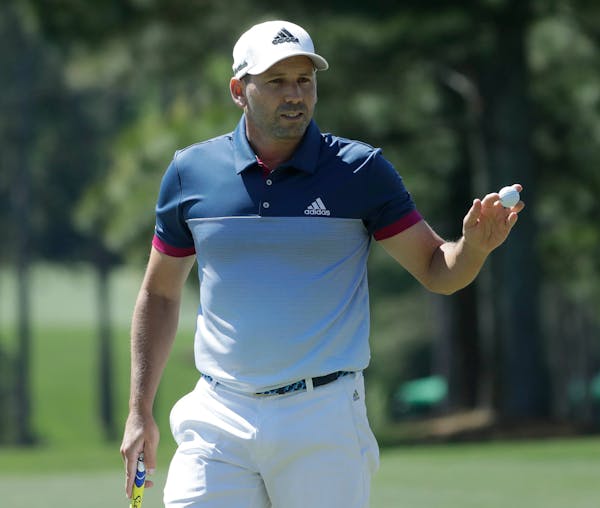 Sergio Garcia, of Spain, reacts to his birdie on the 17th hole during the second round of the Masters golf tournament Friday, April 7, 2017, in August