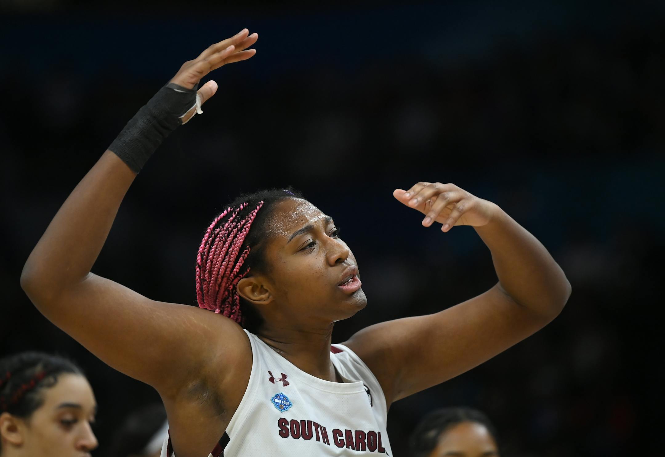 South Carolina forward Aliyah Boston (4) reacts during the championship game.