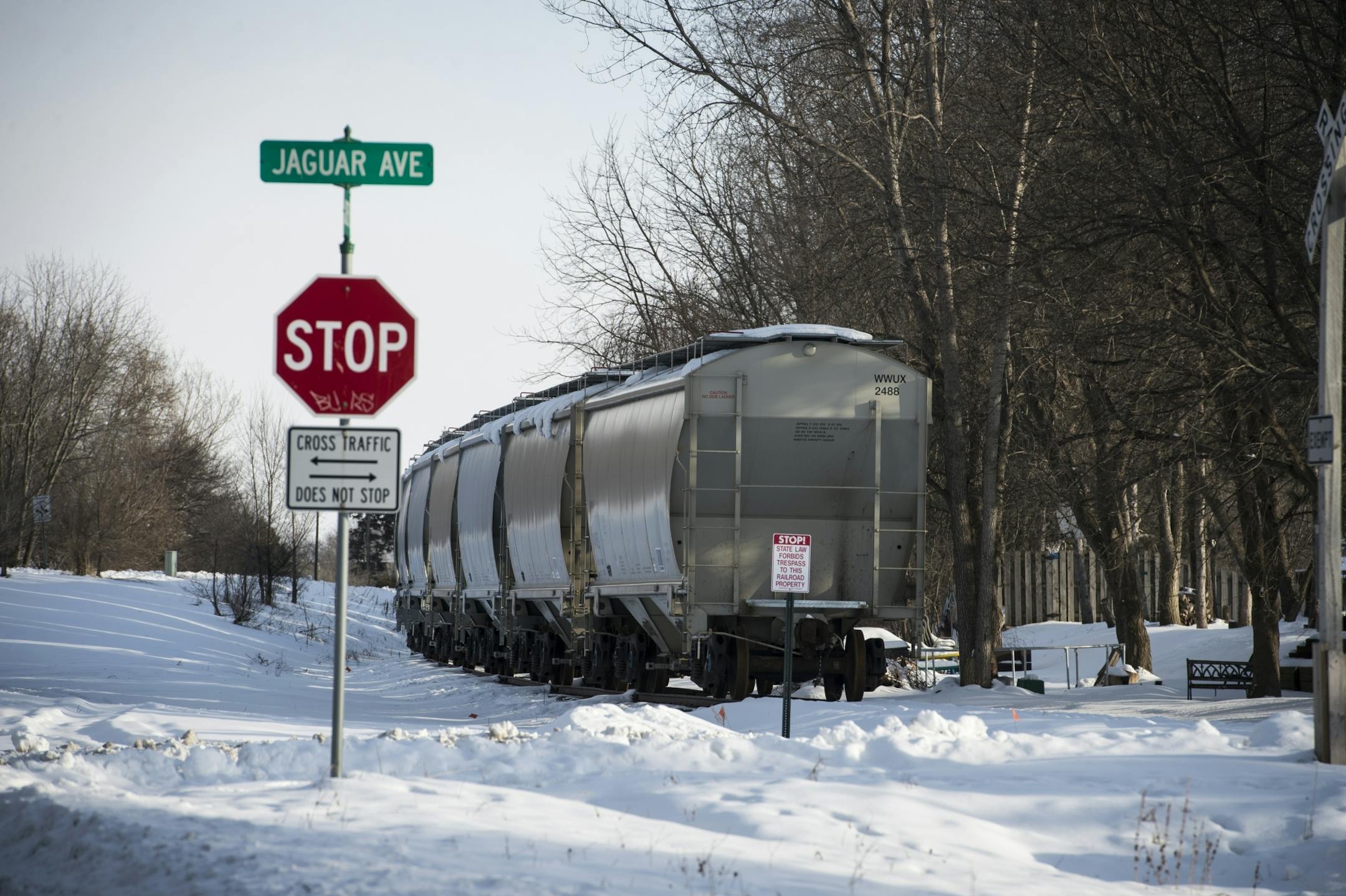 Idle rail cars are parked behind homes on Iteri Place in Lakeville.