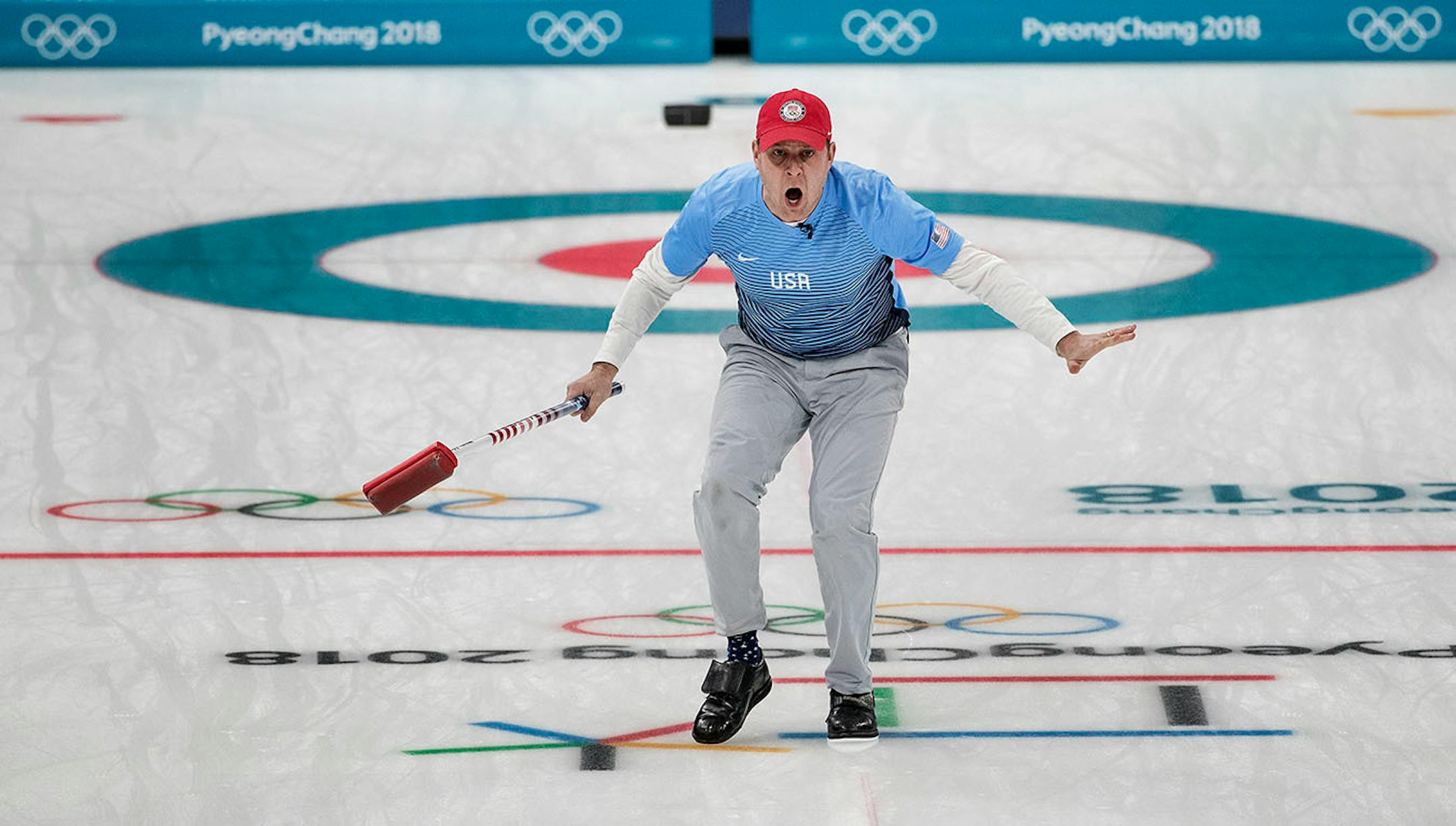 Team skip John Shuster reacts after throwing the last stone and scoring 5 on the eighth end against Sweden during the gold-medal match on Saturday, Feb. 24, 2018, at the Pyeongchang Winter Olympics' Gangneung Curling Centre. The USA won, 10-7.