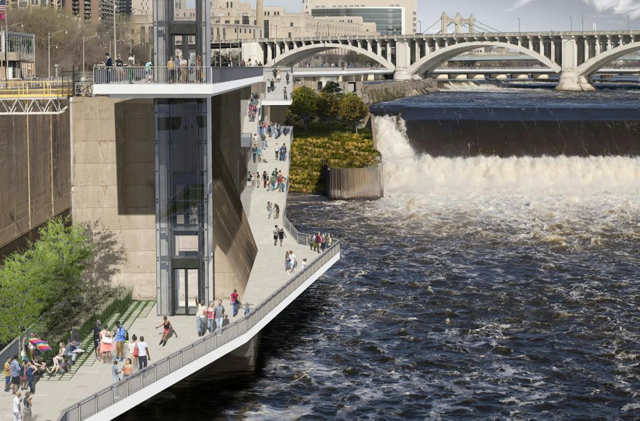 A viewing area higher above St. Anthony Falls.