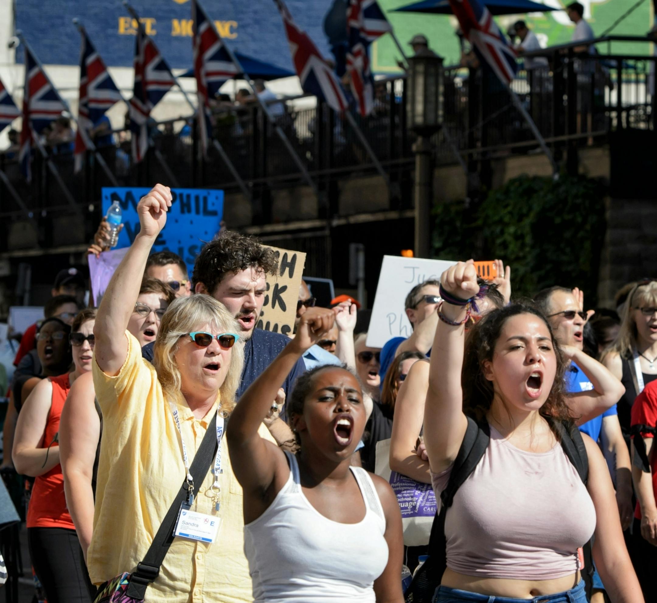 Protest for Philando Castile started at Minneapolis Convention Center, where the biennial convention of the American Federation of Teachers was being held. Many teachers joined the march through downtown Minneapolis and ending on Nicollet Mall where 21 teachers were arrested.
