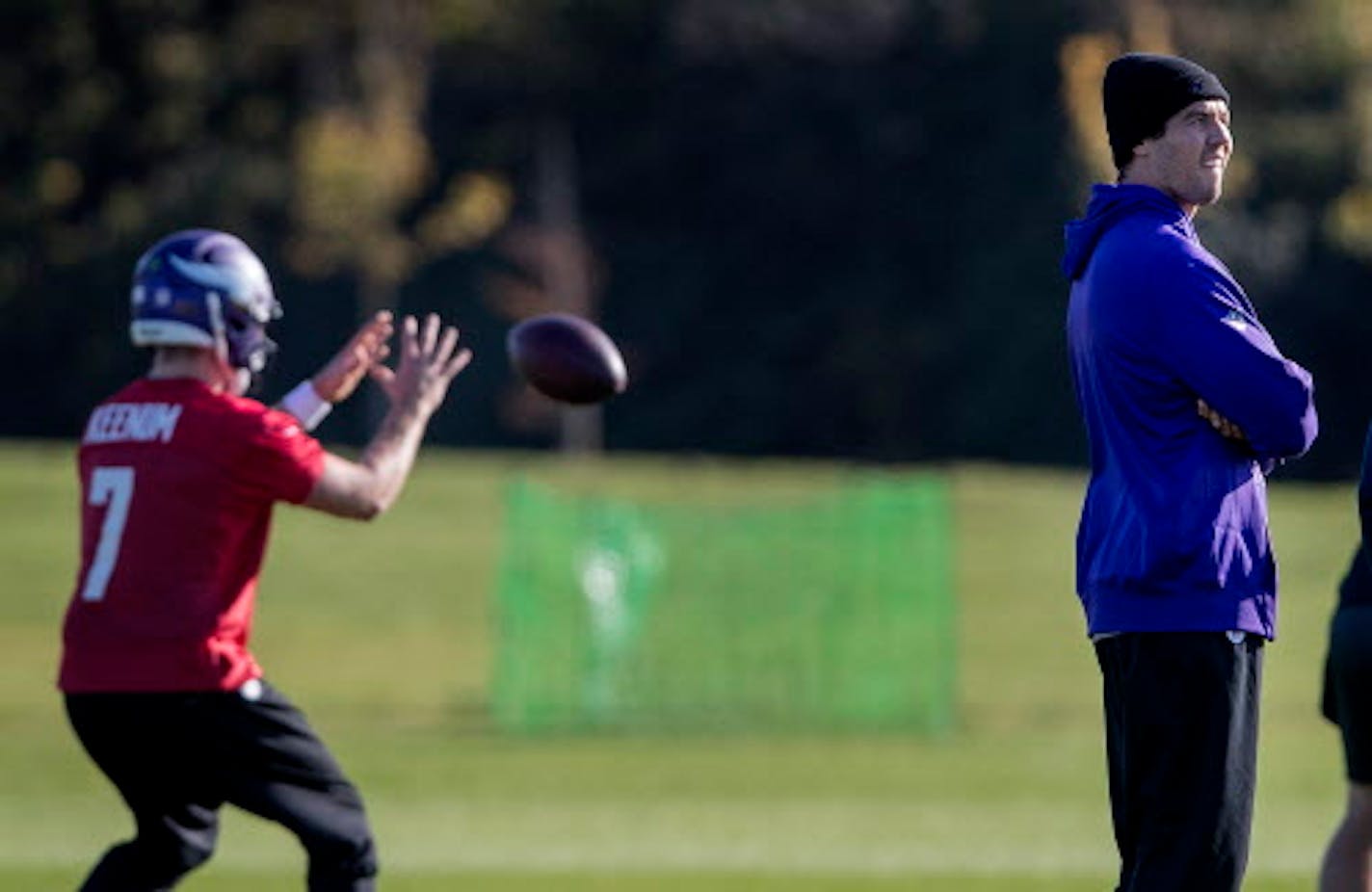 Minnesota Vikings quarterbacks Case Keenum (7) and Sam Bradford during a practice at the London Irish Training Ground in perpetration for a game vs. the Cleveland Browns.