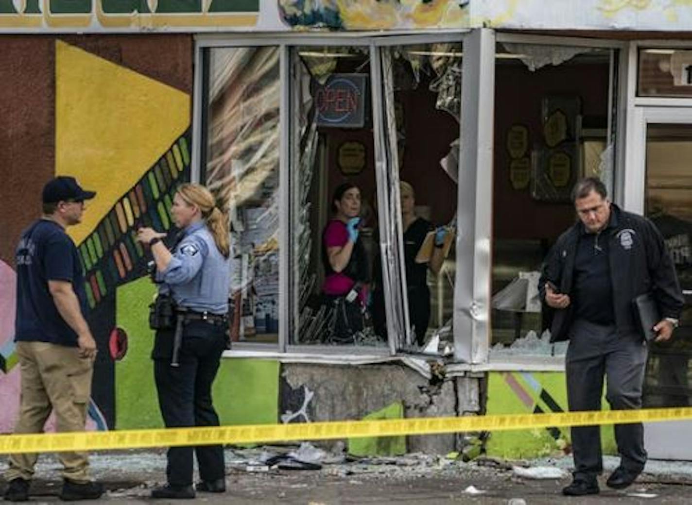 A driver smashed into a bakery at 17th Avenue and Lake Street on Monday after carjacking a vehicle and injuring at least five people, Minneapolis police said.