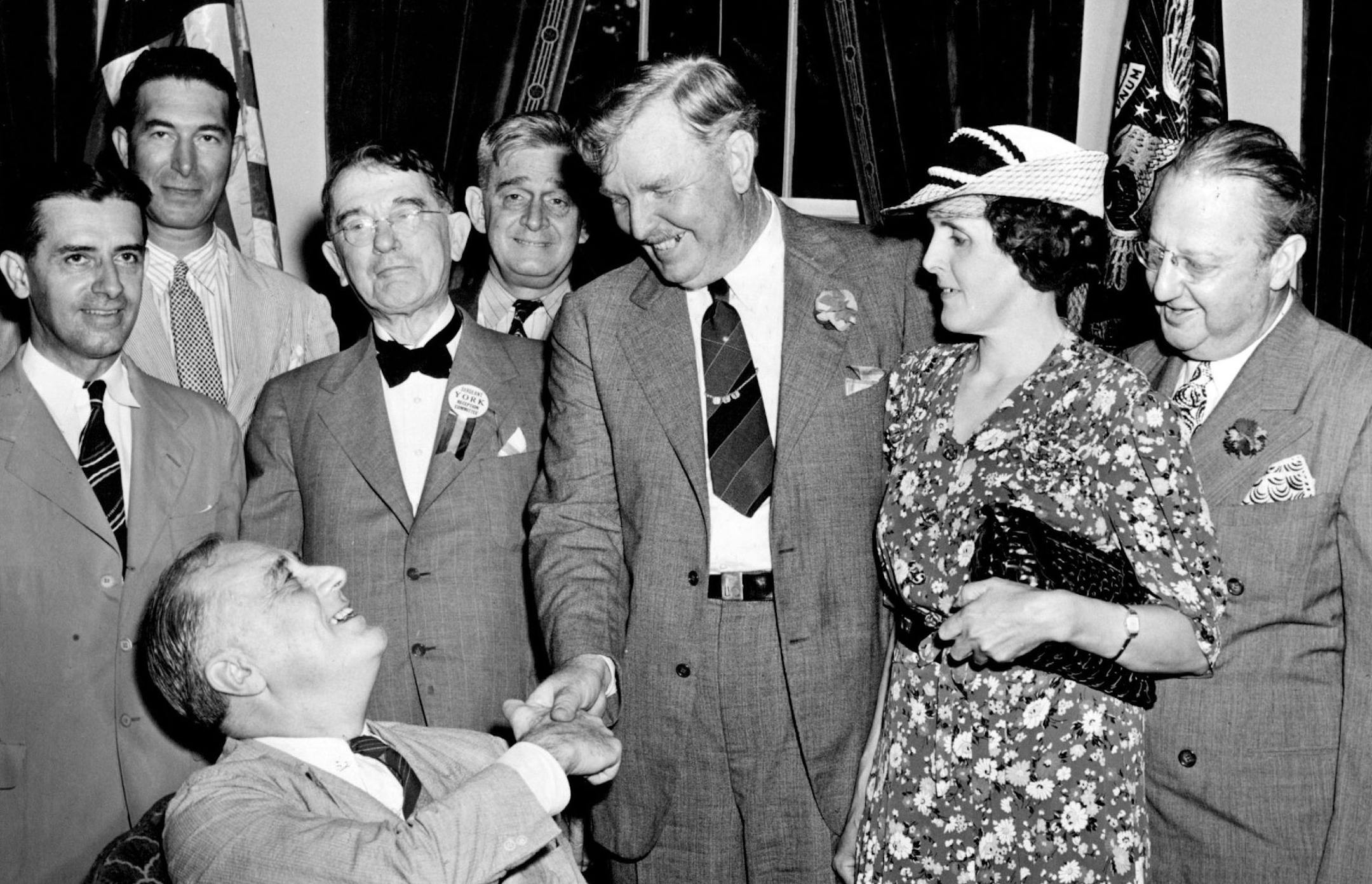 July 30, 1941 Sergeant York Calls on President President Franklin D. Roosevelt shakes hands with Sergeant Alvin York, Famed Hero of the first world war, as the Latter calls on him at the White House, July 30th. York is in Washington for the Capital Premiere of the motion picture named after him. Left to right: Governor Prentice Cooper, of Tennessee; Hepresentative Estes Kefauver, Senator Kenneth McKellar, senator Tom Stewart, all of Tennessee, Sergeant York, Mrs. York and Jesse Lasky, producer o