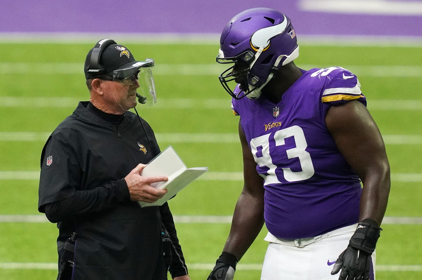 Minnesota Vikings head coach Mike Zimmer talked with defensive tackle Shamar Stephen (93) as he challenged a call in the second quarter. ] ANTHONY SOUFFLE • anthony.souffle@startribune.com The Minnesota Vikings played the Tennessee Titans in an NFL game, sans fans to comply with legislation meant to slow the spread of COVID-19, Sunday, Sept. 27, 2020 at U.S. Bank Stadium in Minneapolis.