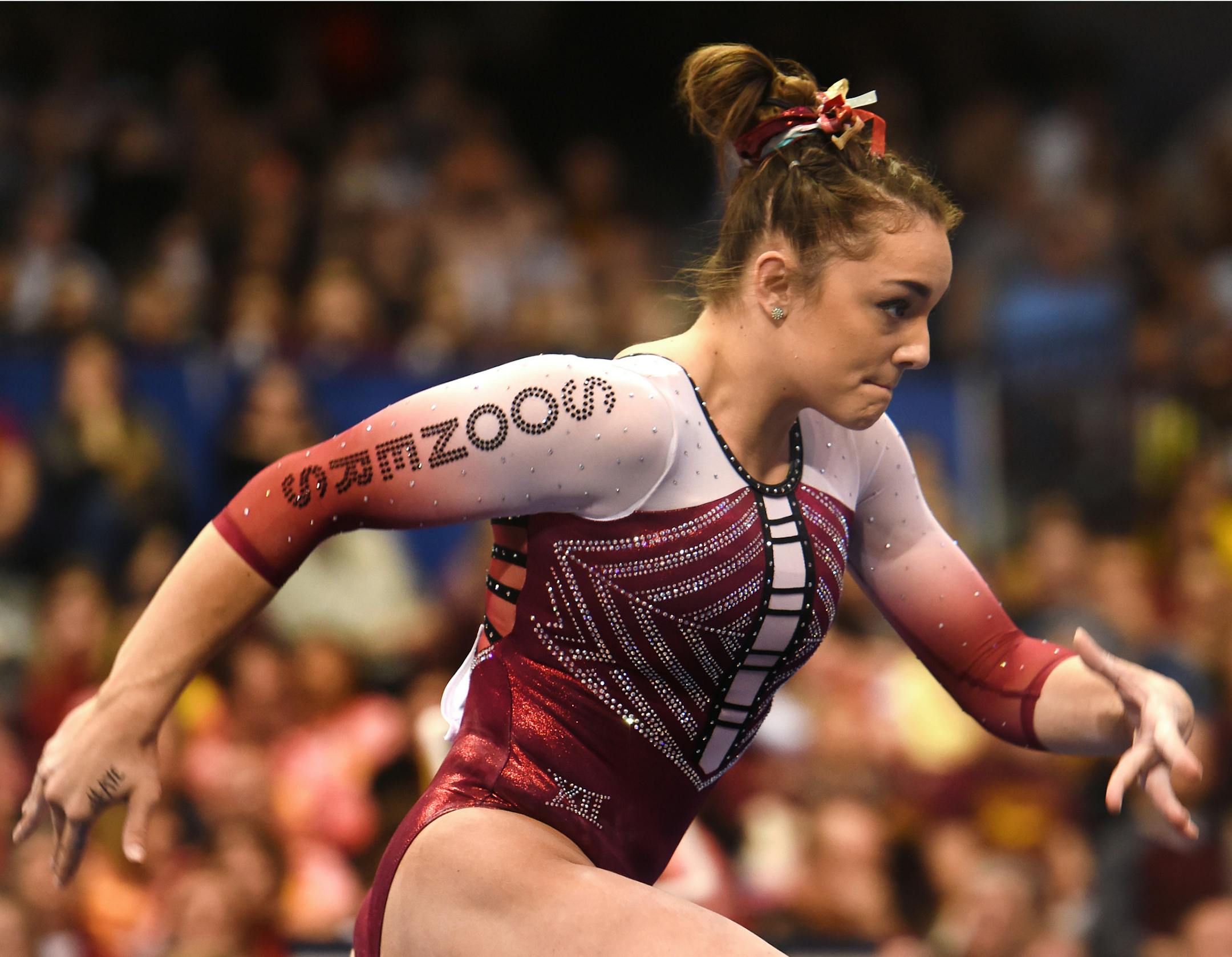 University of Oklahoma sophomore Maggie Nichols performs her floor exercise routine Saturday afternoon at the NCAA Women's Gymnastics Regional Meet at the Maturi Pavillion at the University of Minnesota. ] (SPECIAL TO THE STAR TRIBUNE/BRE McGEE)
**Maggie Nichols (University of Oklahoma)