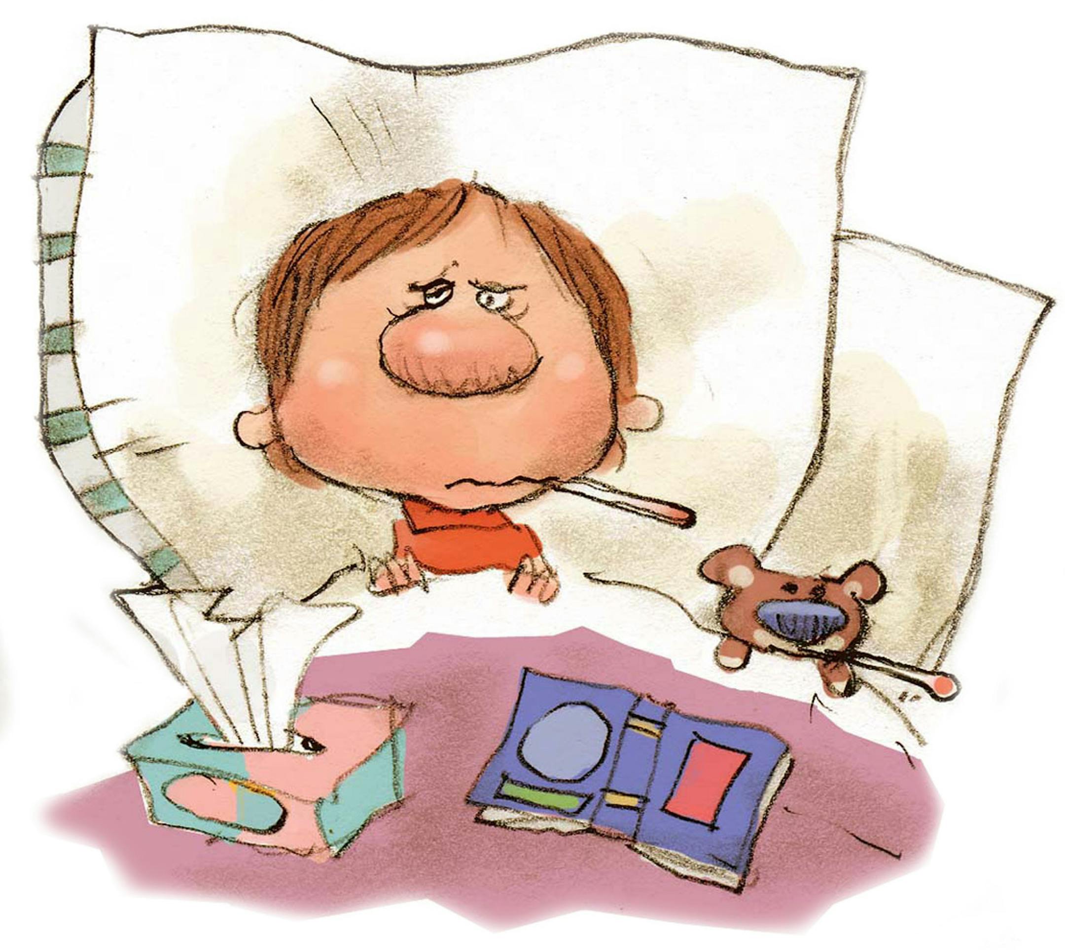 300 dpi 2 col x 3.25 in / 96x83 mm / 327x281 pixels Chris Ware color illustration of sick little boy and his teddy bear tucked into bed with a thermometer, tissues and a book. Lexington Herald-Leader 2005 <p> KEYWORDS: krtflu krtinfluenza krtcoldflu influenza illnesskids cold teddy bear tissues thermometer children child flu sick sickness runny nose sneeze sneezing temperature fever symptoms krthealthmed krtnational national krtworld world krtcoldflu krthealth health krt aspecto aspectos salud i