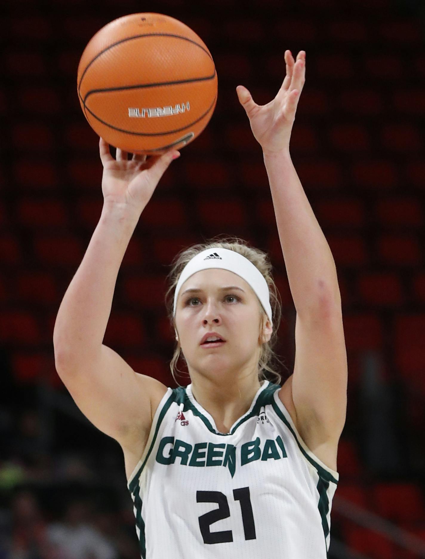 Green Bay's Jessica Lindstrom (21) shoots against Wright State during the second half of an NCAA women's basketball game in the Horizon League Conference tournament championship in Detroit, Tuesday, March 6, 2018. (AP Photo/Paul Sancya) ORG XMIT: MIPS10