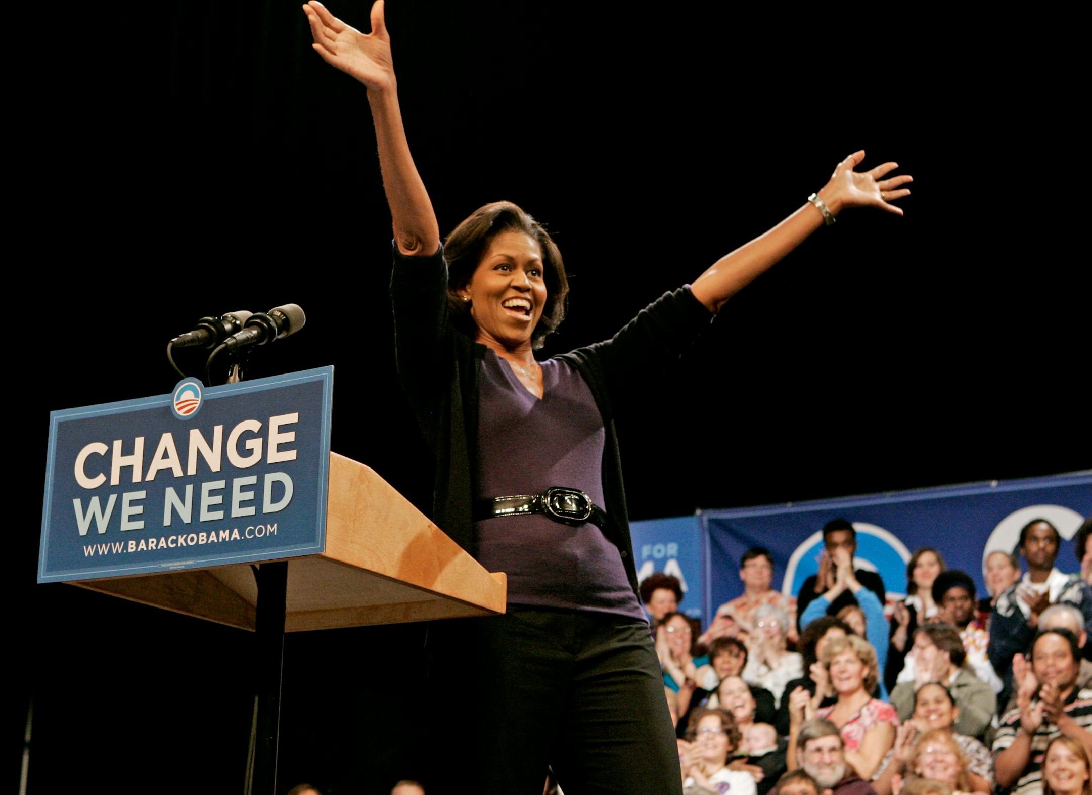 Michelle Obama campaigns Monday at a rally in Rochester, Minn.