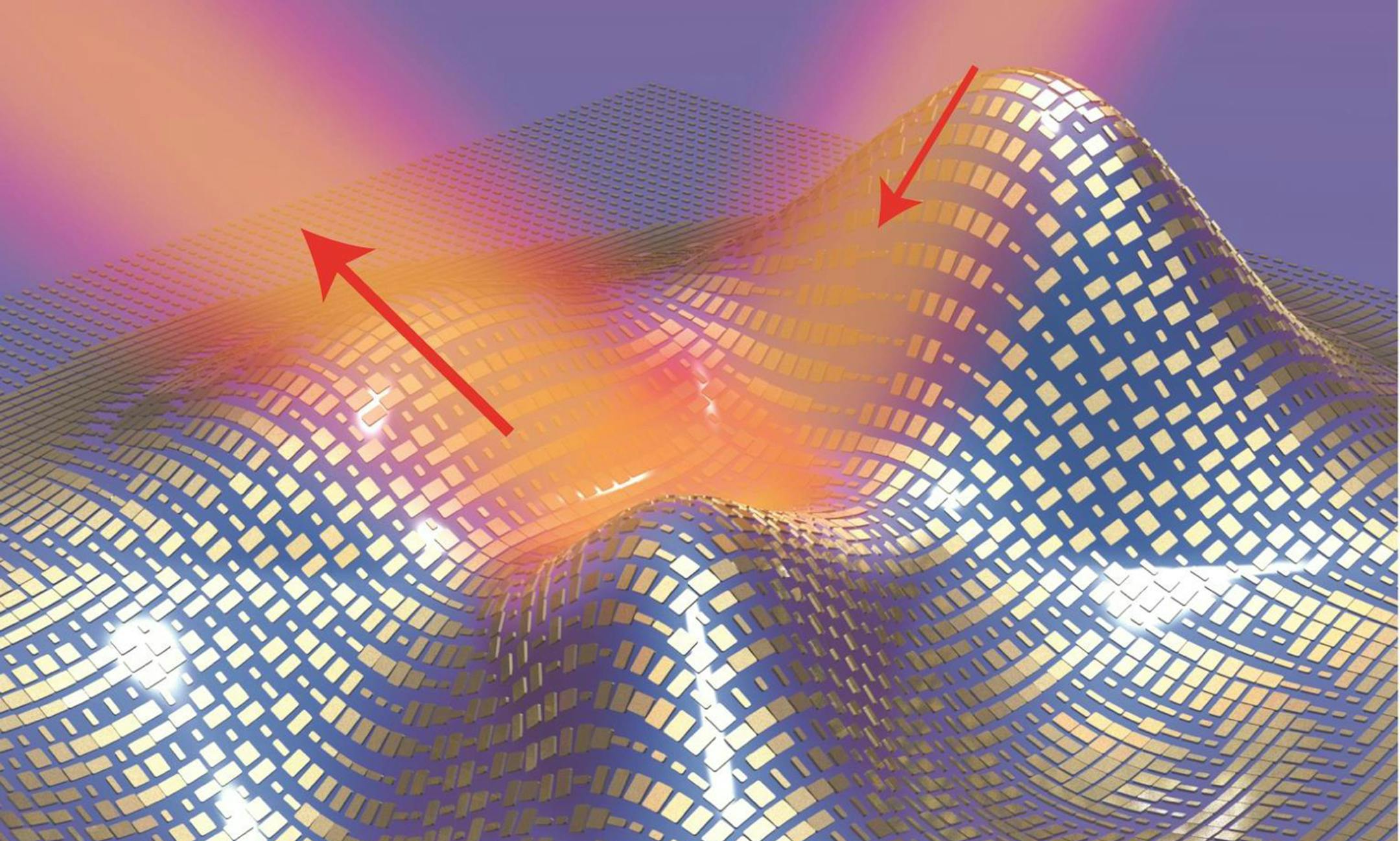 This illustration shows a 3-D skin cloak made from an ultrathin layer of gold blocks covering an irregularly shaped object. Light reflects off the cloak (red arrows) as if it were reflecting off a flat mirror. (UC Berkeley)