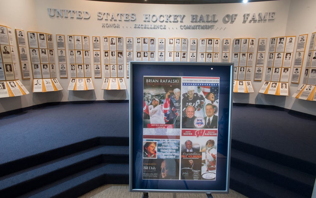 A displaying showing Hall of Fame inductees at the U.S. Hockey Hall of Fame in Eveleth.