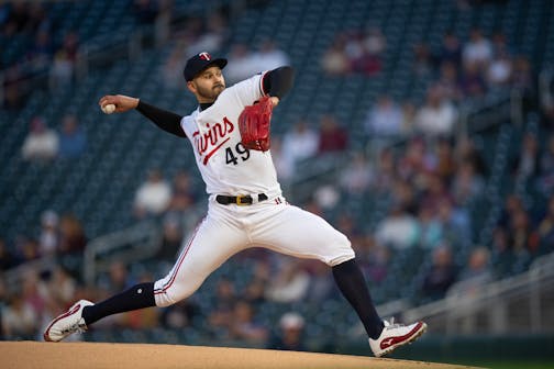 Minnesota Twins starting pitcher Pablo Lopez throwing against Oakland in the first inning. The Minnesota Twins faced the Oakland Athletics in an MLB baseball game Wednesday night, September 27, 2023 at Target Field in Minneapolis. ] JEFF WHEELER • jeff.wheeler@startribune.com