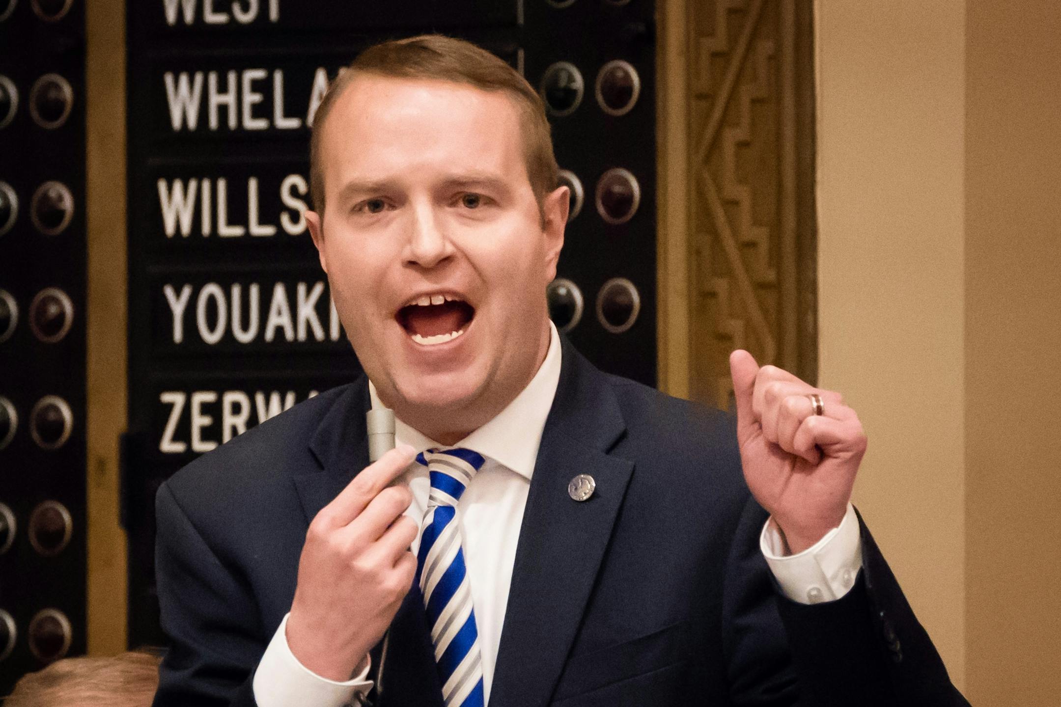 Rep. Nick Zerwas, R-Elk River, argued for his bill that would increase the criminal penalties for obstructing traffic.