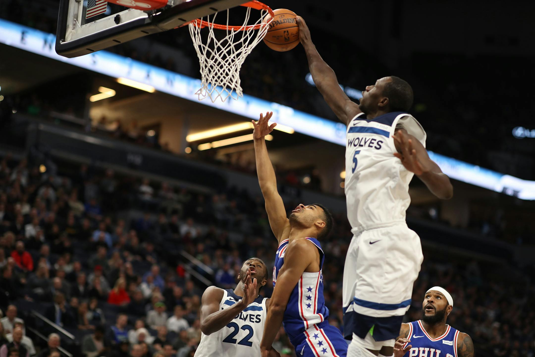 Minnesota Timberwolves center Gorgui Dieng (5) blocked the shot of Philadelphia 76ers guard Timothe Luwawu-Cabarrot (7) during NBA action at Target Center Tuesday December 12, 2017 in Minneapolis, MN.] The Minnesota Timberwolves hosted the Philadelphia 76ers at Target Center. JERRY HOLT � jerry.holt@startribune.com