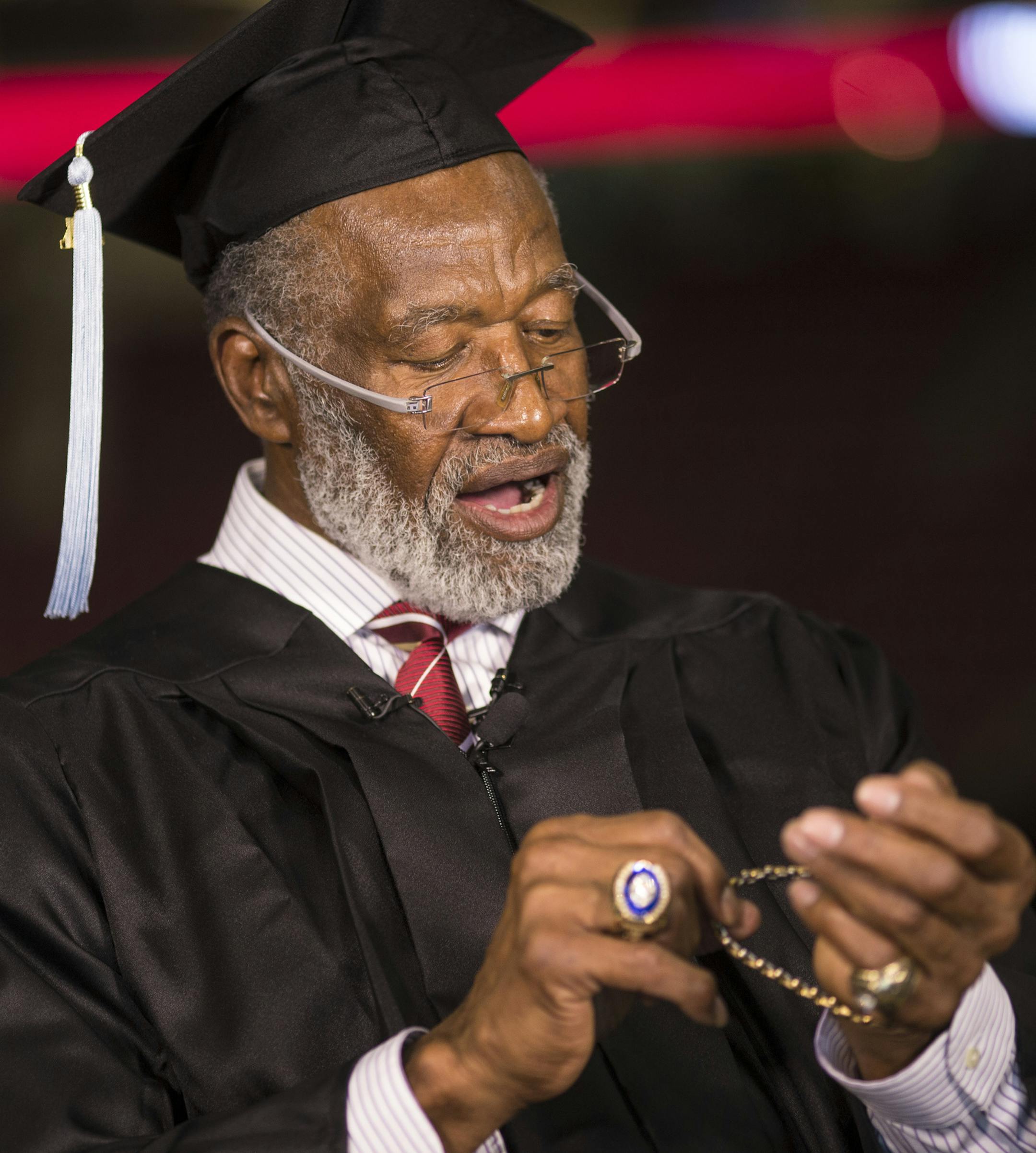 Former Gophers great and Pro Football Hall of Famer Bobby Bell pointed out the wrist watch his father gave him with a promise to graduate college as Bell spoke to the media before graduating college on Thursday, May 14, 2015, at Mariucci Arena at the University of Minnesota in Minneapolis, Minn. ] RENEE JONES SCHNEIDER • reneejones@startribune.com Bobby Bell, former Gophers great and Pro Football Hall of Famer, returned to campus 50-some years later to finally graduate Thursday.
