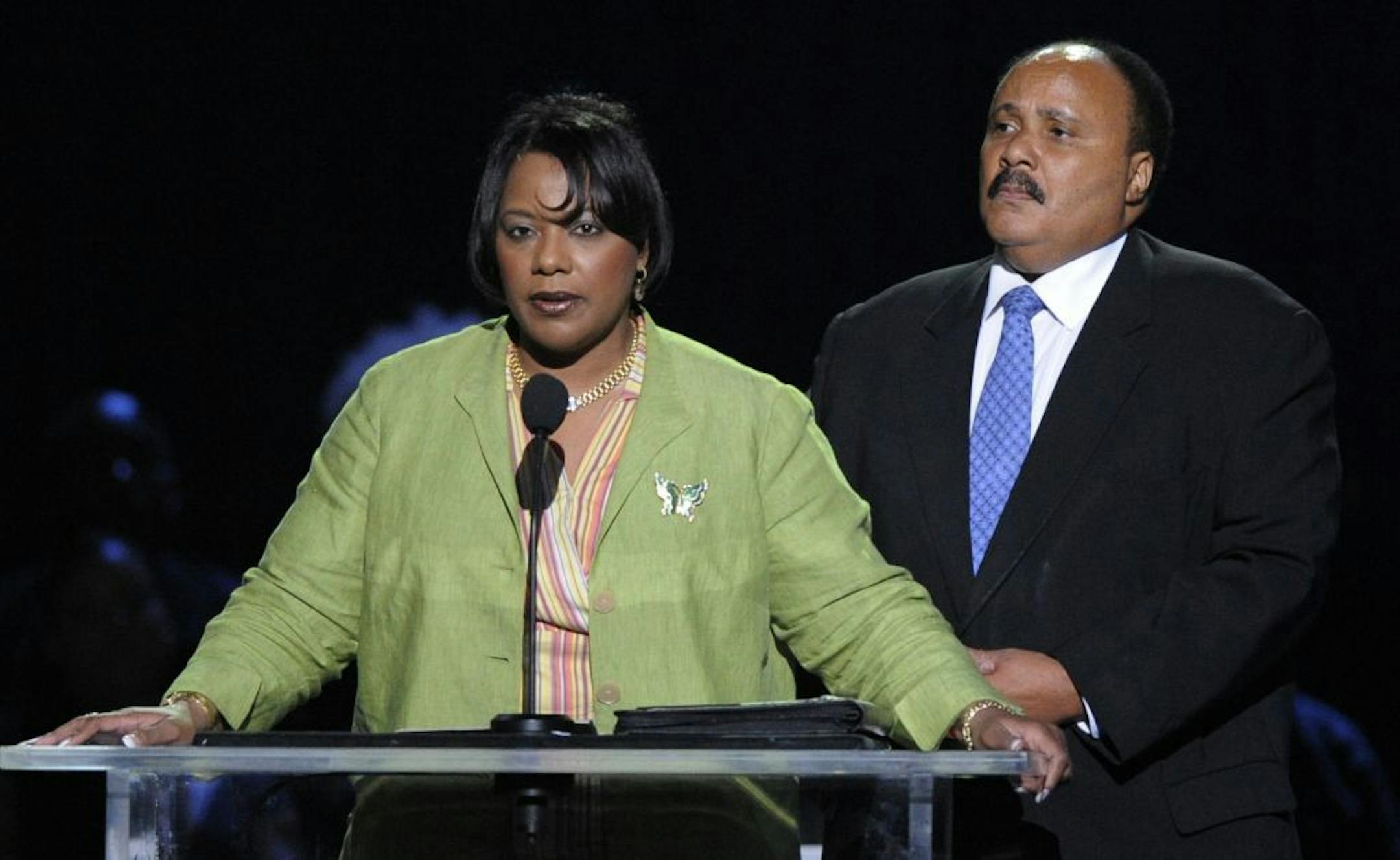 Bernice King and Martin Luther King III speak during the memorial service for Michael Jackson at the Staples Center in Los Angeles, Tuesday, July 7, 2009.