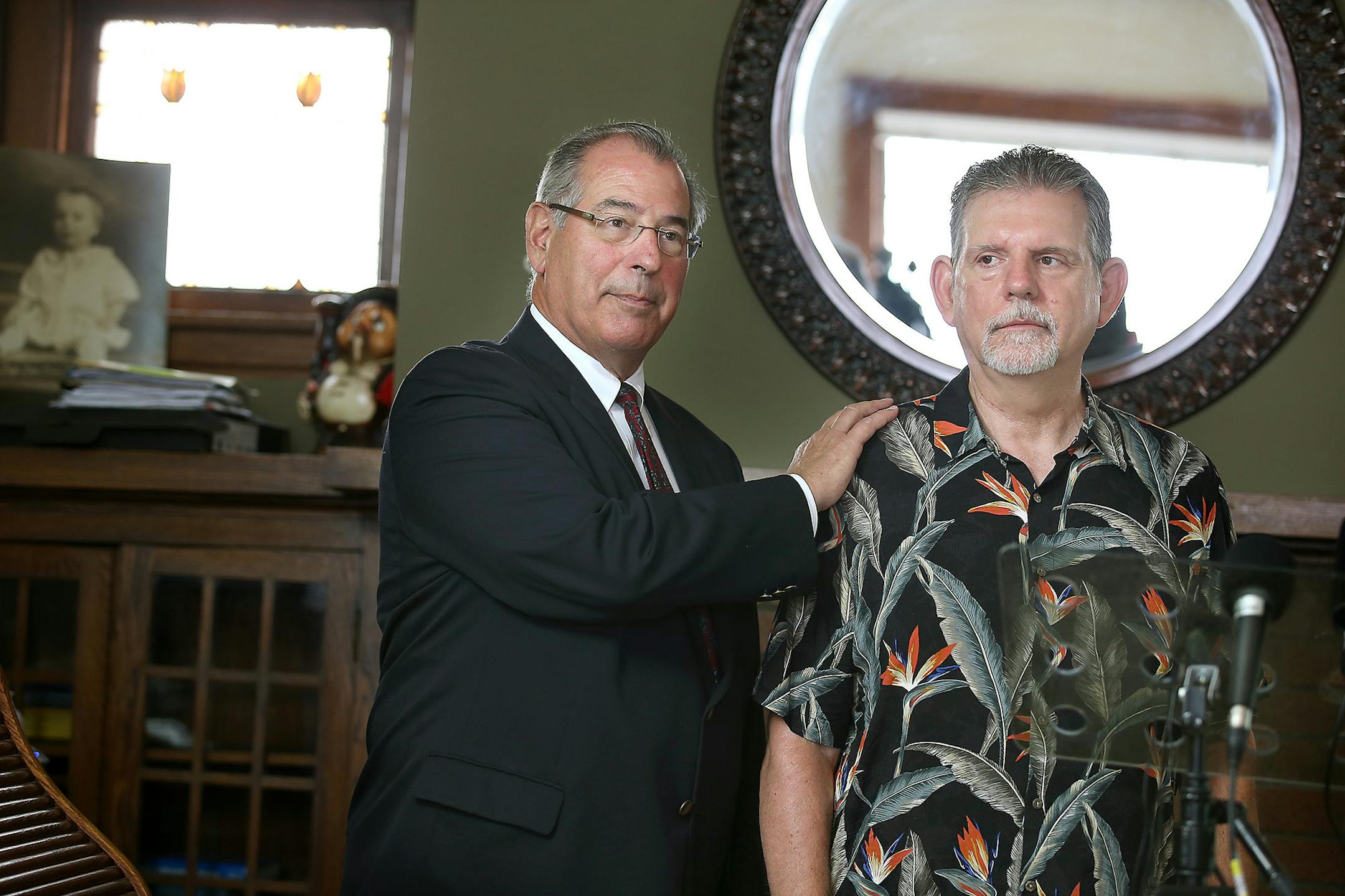 Hennepin County Attorney Mike Freeman discussed how William Meredig became the victim of theft from Thomas Joseph Syzdek during a press conference at his southwest Minneapolis home, Friday, August 29, 2014. Freeman said Syzdek deserves every minute in jail after he swindled nearly $60,00 from Meredig after he suffered a stroke. ] (ELIZABETH FLORES/STAR TRIBUNE) ELIZABETH FLORES • eflores@startribune.com