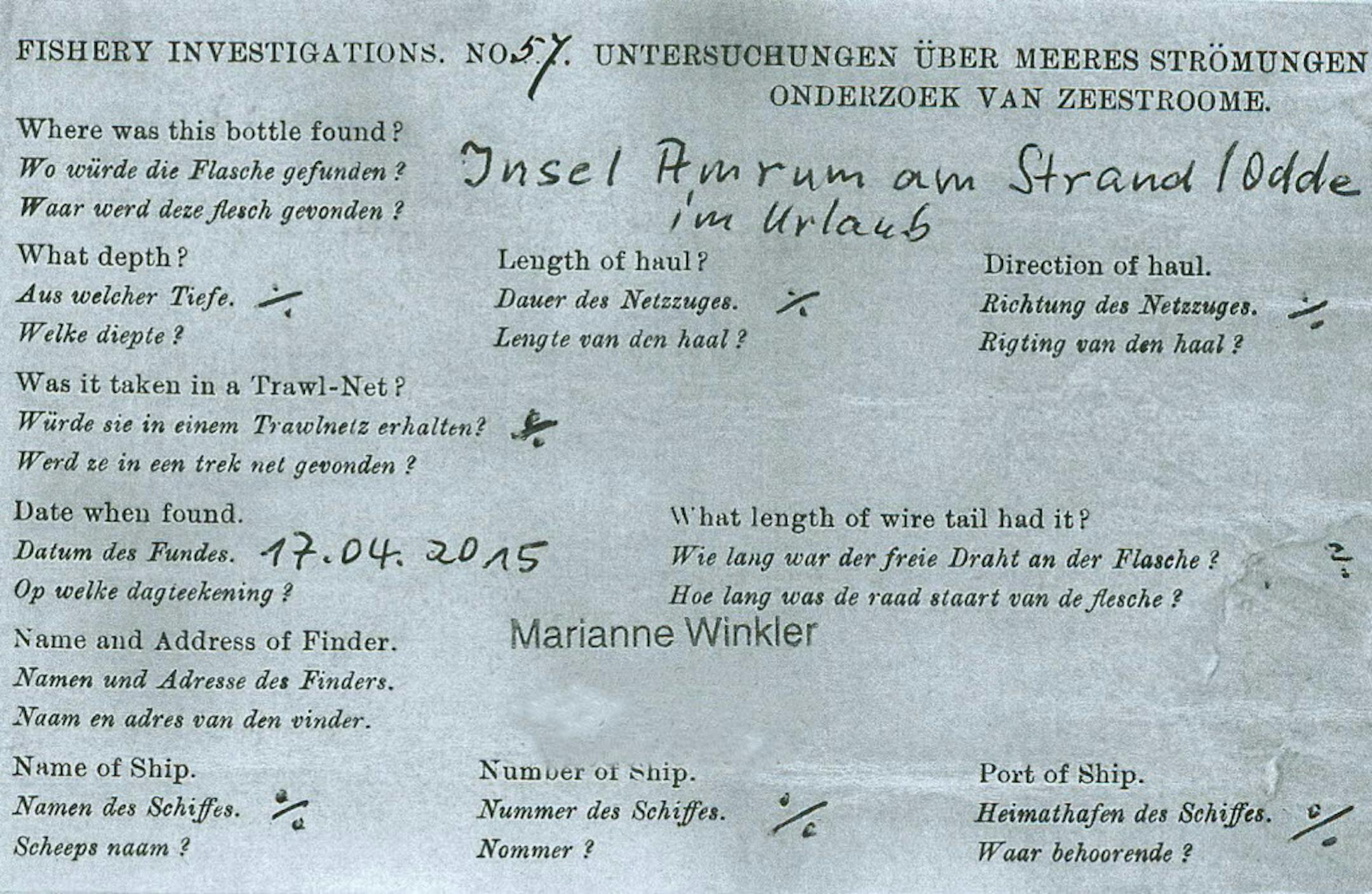 This is an image of a message that was found in a bottle from the Marine Biological Association of the UK made available on Friday Aug. 21 2015.