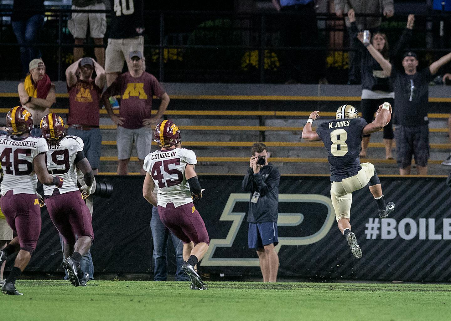 Purdue's running back Markell Jones celebrated a touchdown during the fourth quarter the Gophers took on Purdue at Ross-Ade Stadium,.