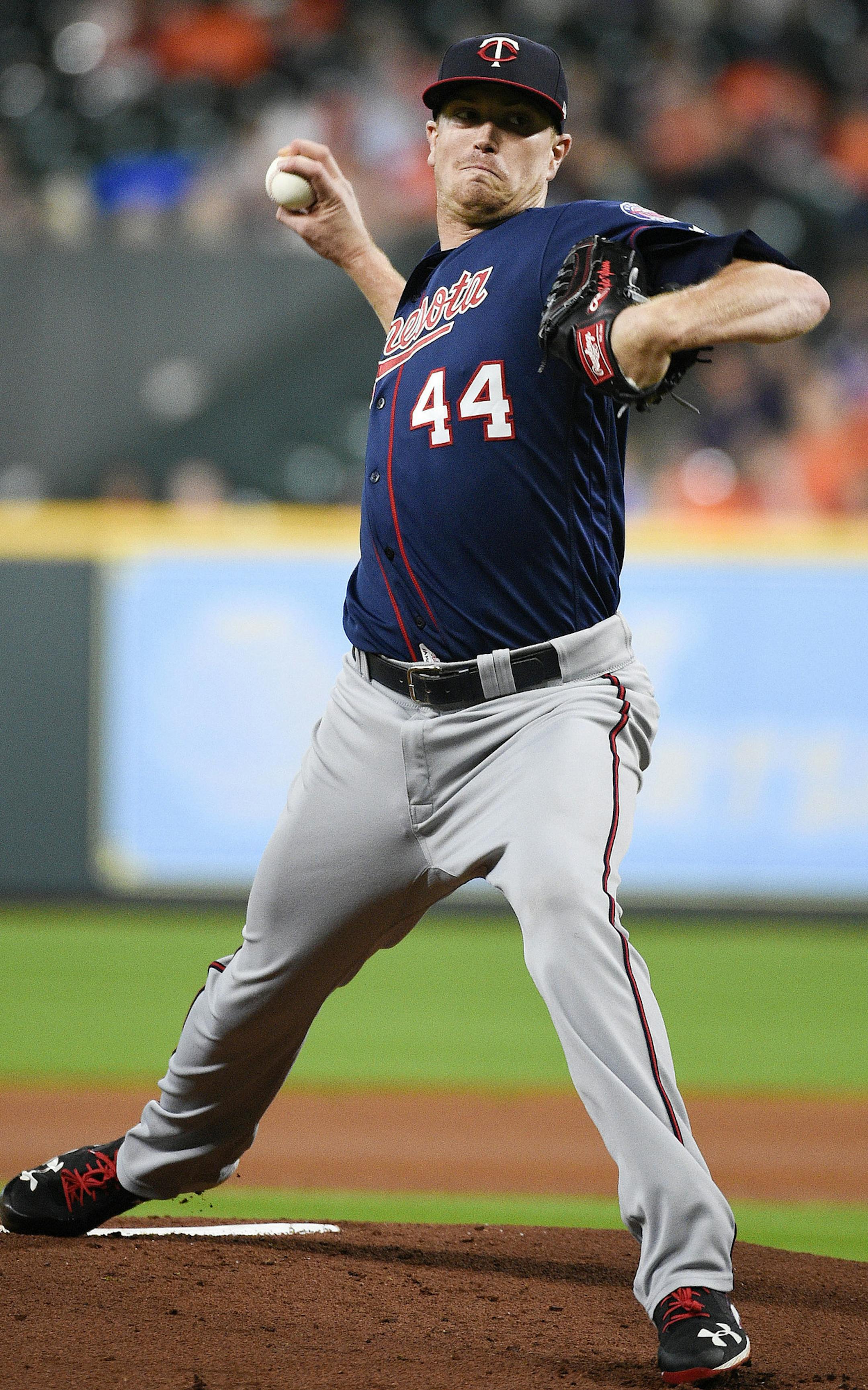 Minnesota Twins starting pitcher Kyle Gibson delivers during the first inning of a baseball game against the Houston Astros, Monday, Sept. 3, 2018, in Houston. (AP Photo/Eric Christian Smith)