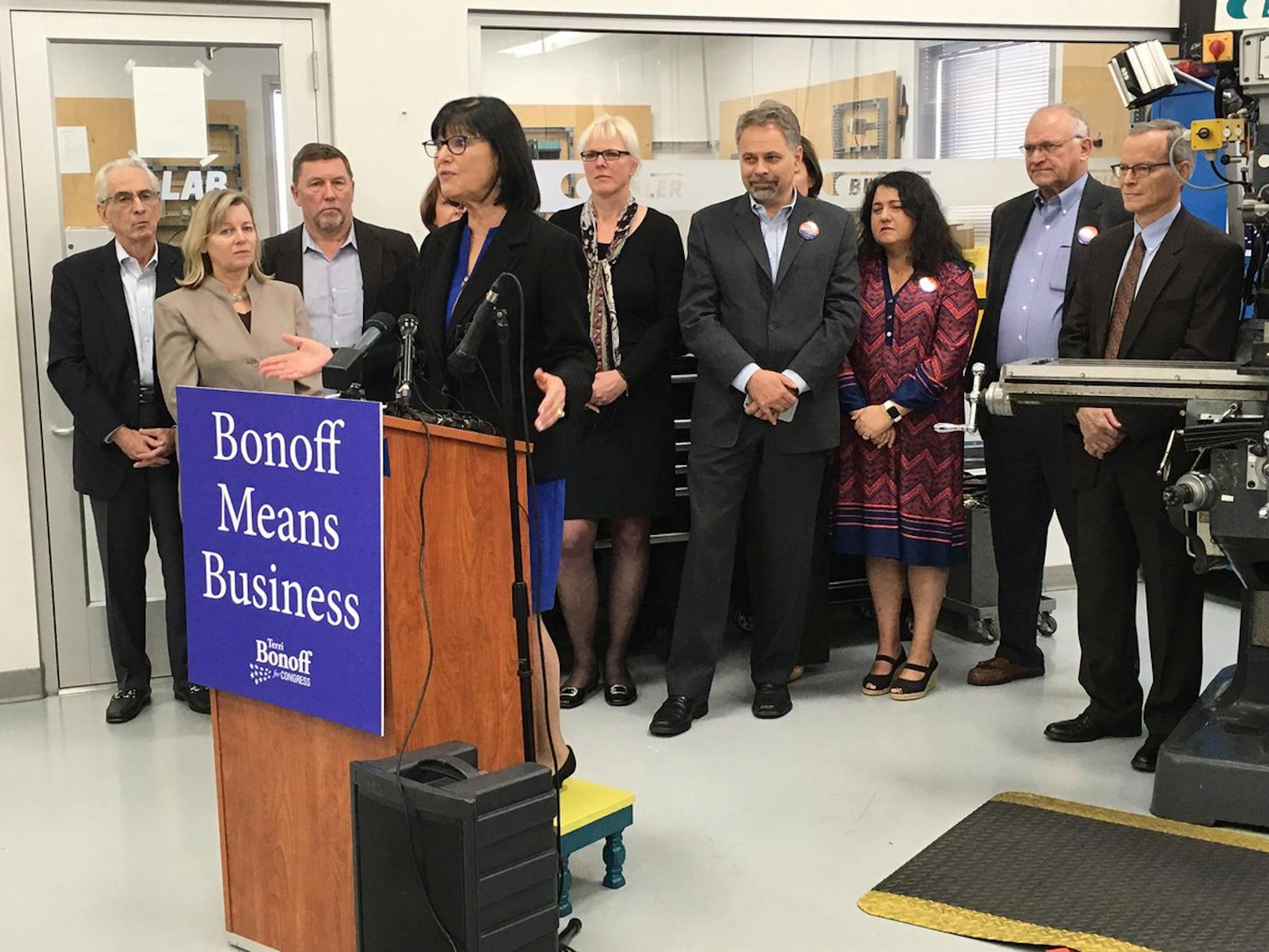 State Sen. Terri Bonoff had help from U.S. Rep. Denny Heck, a Washington state Democrat, campaigning at the site of a training program run by Buhler Group, an engineering firm specializing in food production.