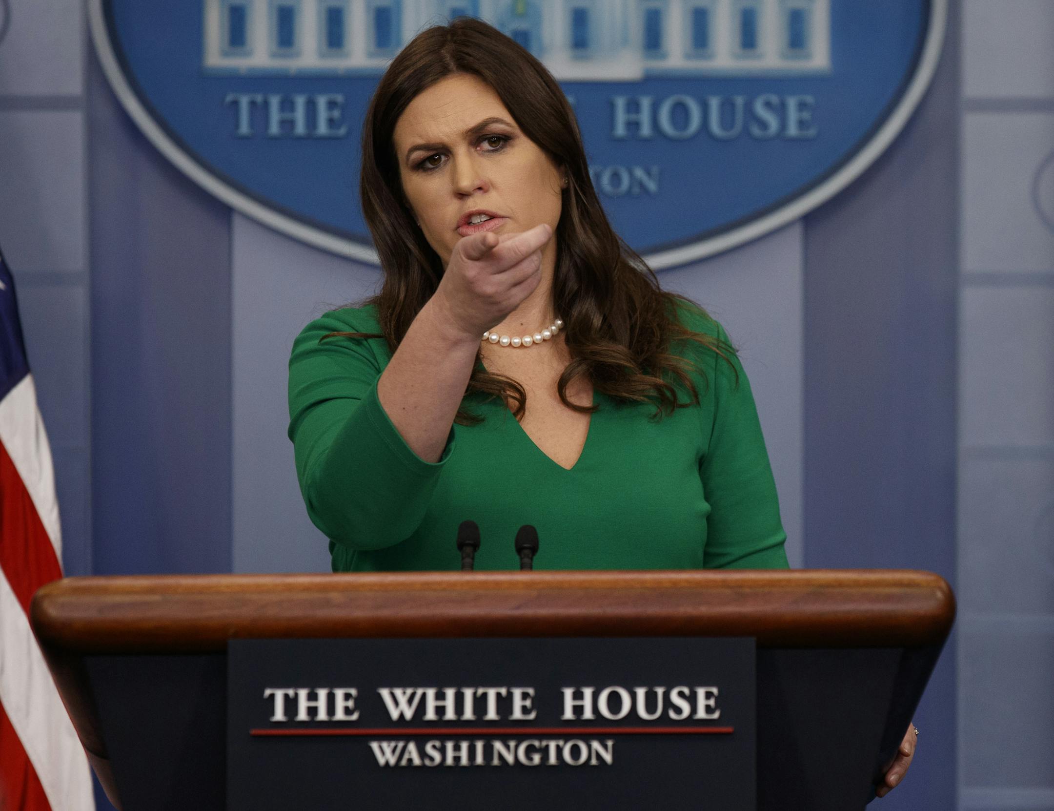 White House press secretary Sarah Huckabee Sanders speaks during the daily press briefing, Friday, Oct. 27, 2017, in Washington. (AP Photo/Evan Vucci)