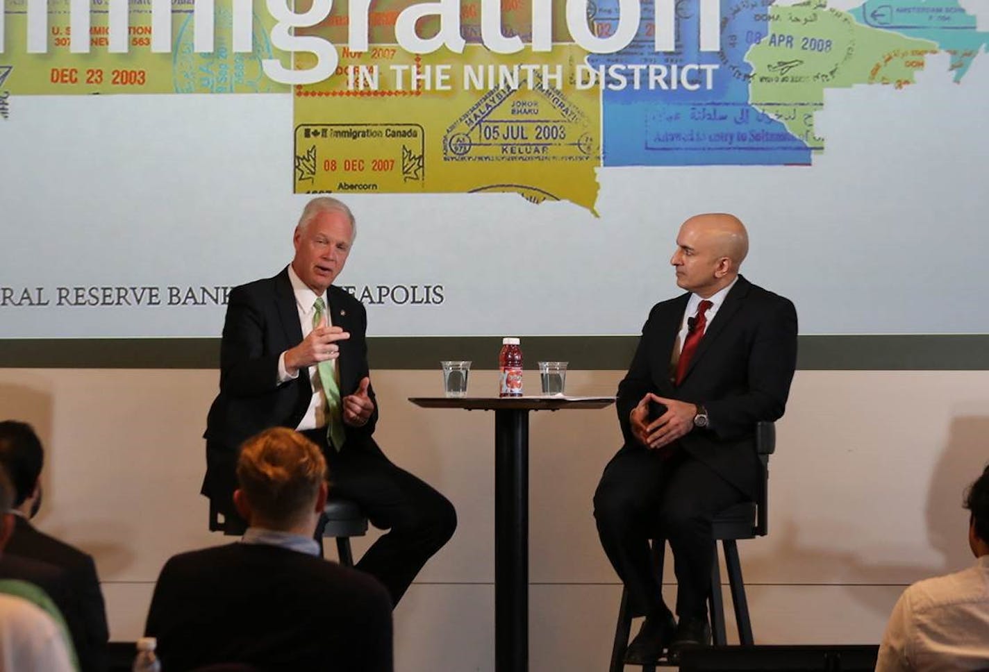 Sen. Ron Johnson, R-Wisc., and Neel Kashkari, president of the Federal Reserve Bank of Minneapolis, spoke at a regional economic conference focused on immigration and the economy Tuesday in Minneapolis. Johnson said the nation's problems with illegal immigrants need to be fixed before policymakers can turn to growing the workforce with more immigrants.