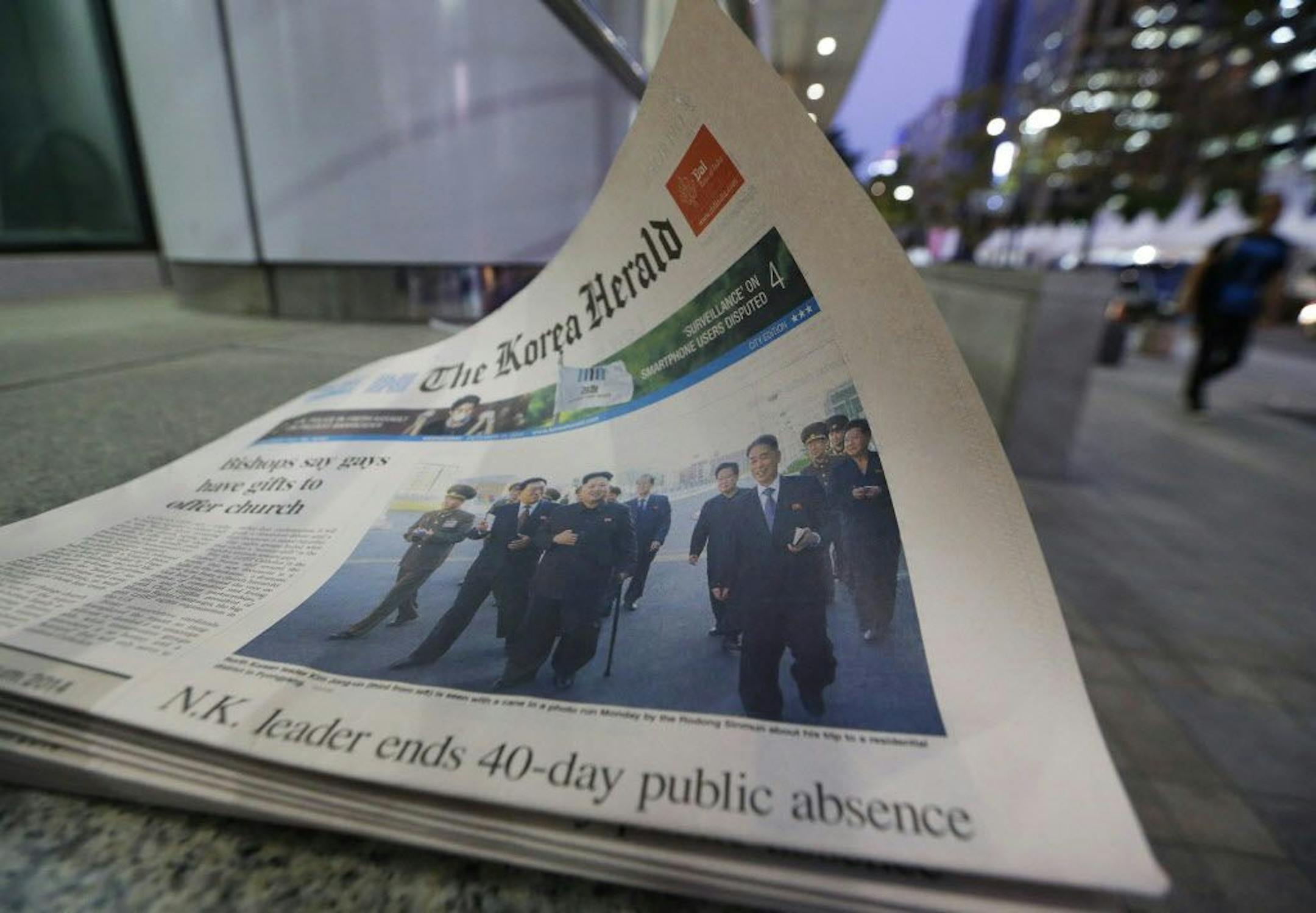 A photo of North Korean leader Kim Jong Un walking with a stick in Pyongyang, North Korea, is carried on the front page of a South Korea's English newspaper.