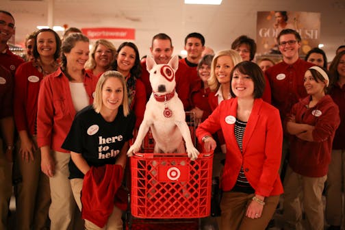 Hundreds of early bargain hunters were in line to enter the Target store at Ridgedale in Minnetonka when it opened at 8 p.m. Thursday night, November 28, 2013. Ridgedale Target employees were treated to a visit from Bullseye the dog at a quick huddle just before the doors opened. ] JEFF WHEELER • jeff.wheeler@startribune.com