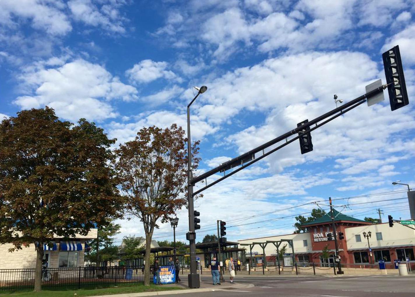 While Black Lives Matter protesters gather a couple blocks away, the Green Line line stop nearby is quiet on Sunday morning, Sept. 20, 2015.