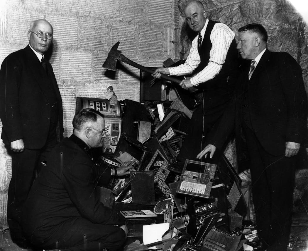 Minneapolis officials destroyed slot machines in 1932.