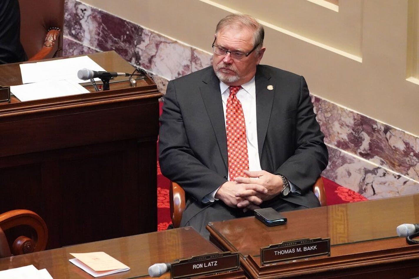 Sen. Tom Bakk, DFL-Cook, listened as new Senate Minority Leader Susan Kent, DFL-Woodbury, thanked him for his leadership in February. Bakk, who is leaving the DFL to become an independent, said Democrats have steadily moved too far to the left for many rural voters.