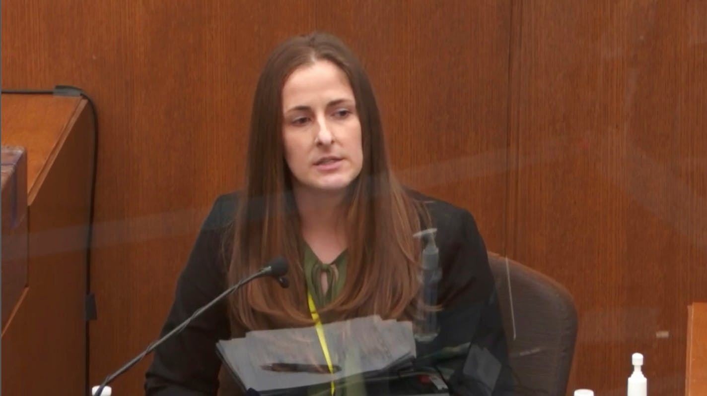 In this image taken from video, witness McKenzie Anderson, a forensic scientist with the Minnesota Bureau of Criminal Apprehension testifies as Hennepin County Judge Peter&nbsp;Cahill presides Wednesday, April 7, 2021, in the trial of former Minneapolis police Officer Derek Chauvin at the Hennepin County Courthouse in Minneapolis. Chauvin is charged in the May 25, 2020 death of George Floyd. (Court TV via AP, Pool)