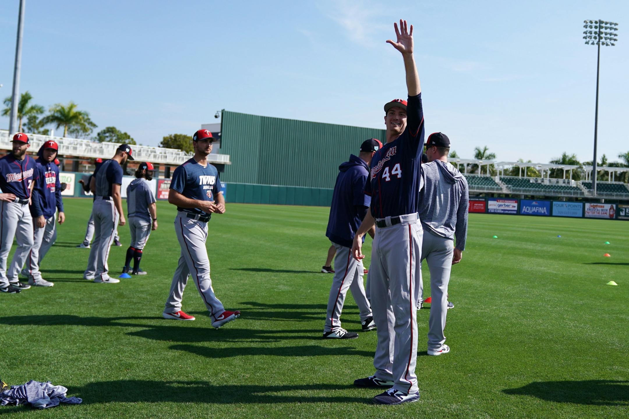 Minnesota Twins pitcher Kyle Gibson (44) waved to the stands as he took the field for morning workouts Saturday.