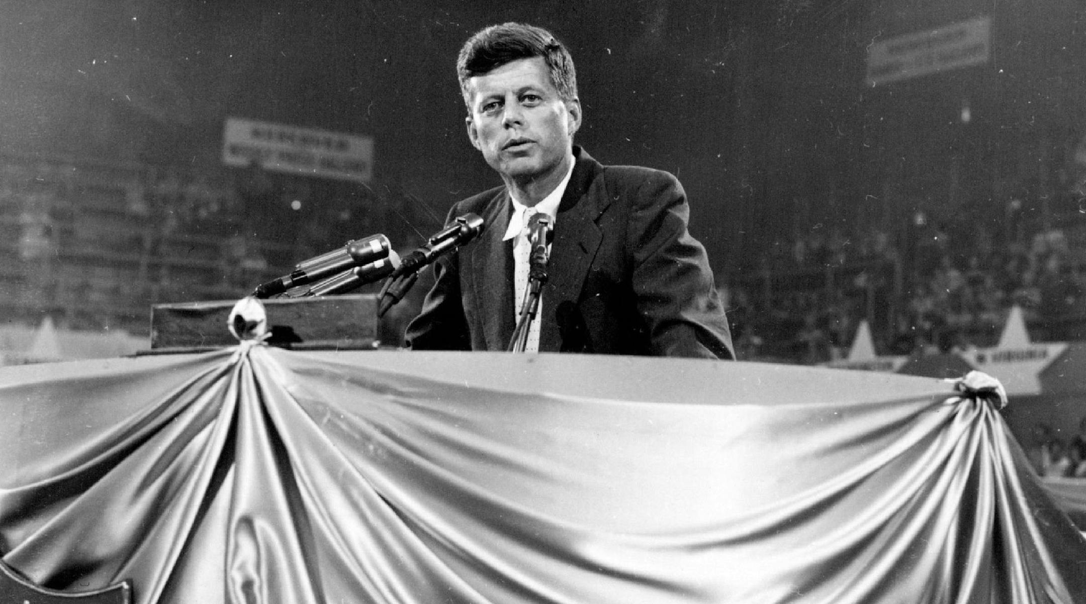 May 11, 1959 Senator John Kennedy narrowedly missed getting the democratic vice-presidential nomination at the party's convention in Chicago. He is shown as he addressed the convention in the International Amphitheater. International News Photos
