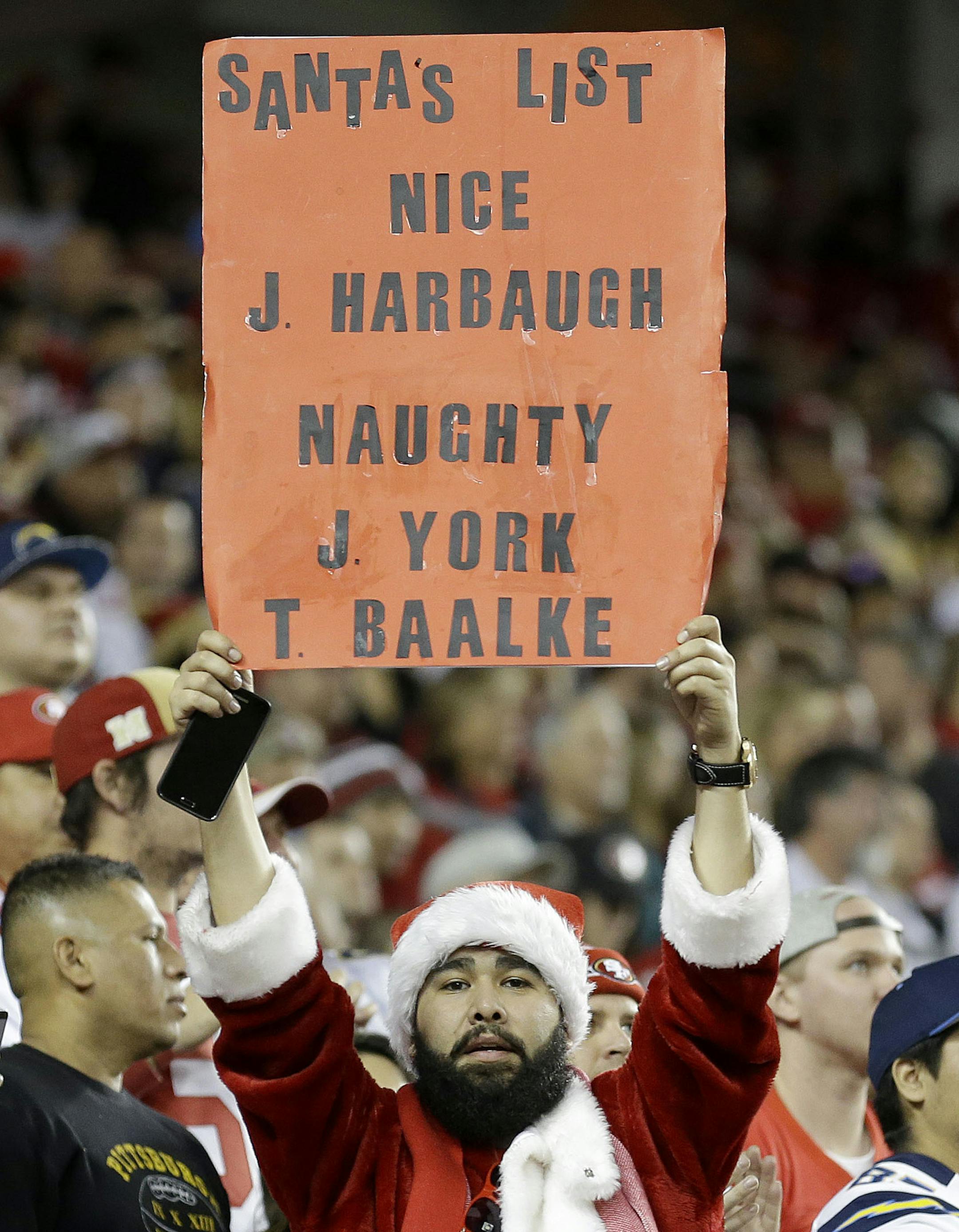 A fan holds up a sign for San Francisco 49ers head coach Jim Harbaugh, general manager Trent Baalke and owner Jed York during the first half of an NFL football game between the San Francisco 49ers and the San Diego Chargers in Santa Clara, Calif., Saturday, Dec. 20, 2014. (AP Photo/Ben Margot) ORG XMIT: FXN