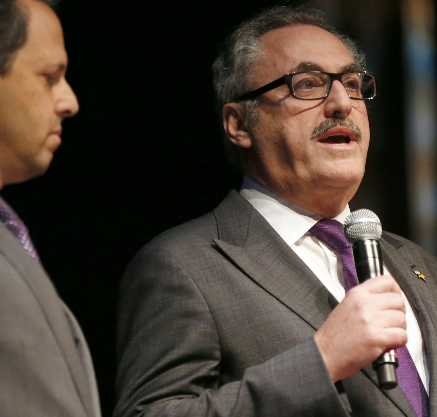 Vikings President Mark Wilf and principal owner of the Minnesota Vikings Zygi Wilf addressed the crowd during Minnesota Vikings stadium presentation at Guthrie Theater on Monday. ] CARLOS GONZALEZ cgonzalez@startribune.com May 13, 2013, Minneapolis, Minn. HKS Inc., architect for new Vikings stadium, is unveiling the stadium design. Presentation of the schematic design for the new multi-purpose stadium at a special meeting of the MSFA board. New downtown Minnesota Vikings stadium is unveiled Mond