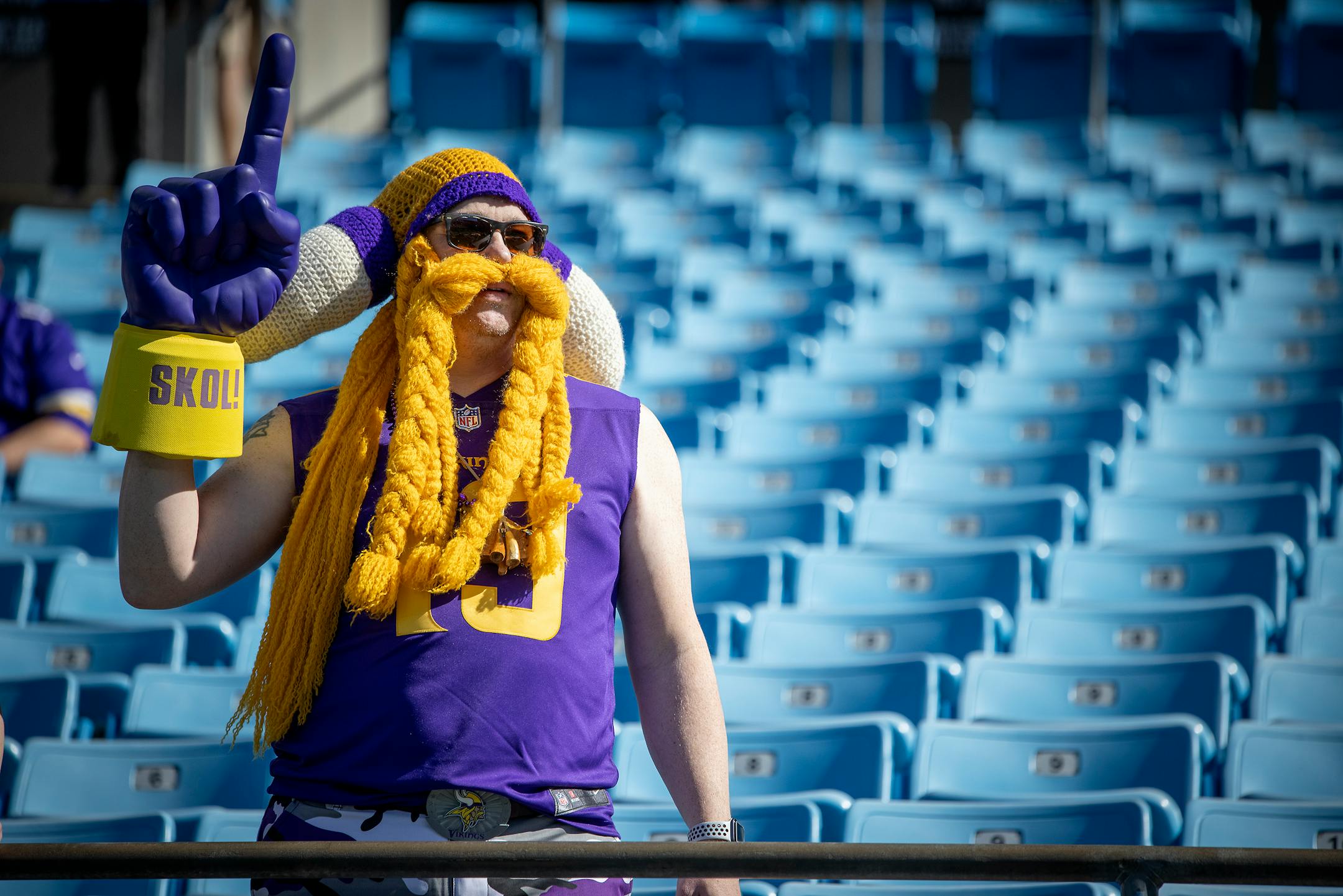 Vikings fan Kevin Roland of Charlotte, NC, showed his support for the team before the game, Sunday, October 17, 2021 in Charlotte.