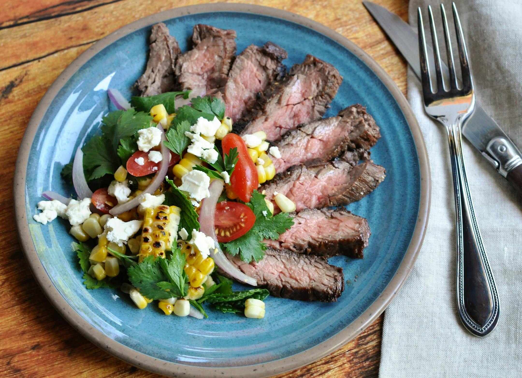 Grilled Steak With Charred Corn Salad.