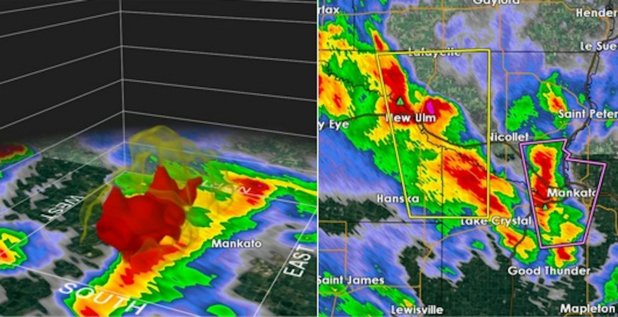 Radar images of the storm system that led to the tornado near Mankato.