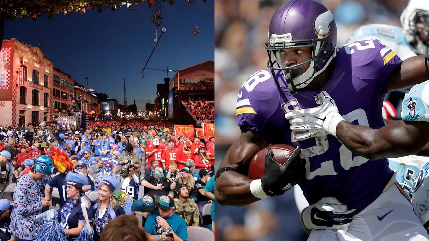 The NFL draft will be conducted April 23-25 in a virtual format, with team personnel working from their homes -- unlike last year's fan-friendly gathering in Nashville (left). ... Former Vikings running back Adrian Peterson was named to the NFL's All-Decade team.