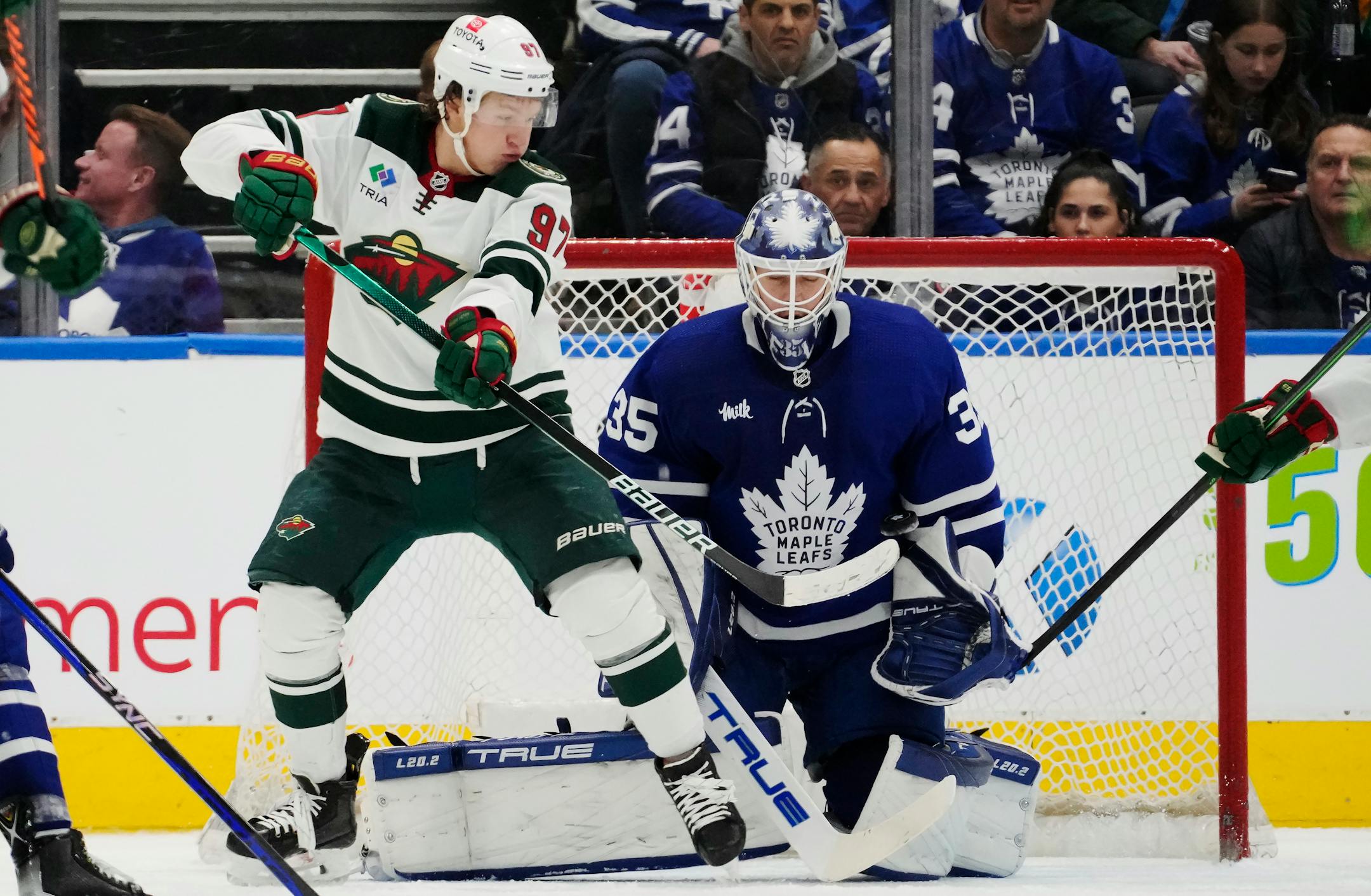 The Wild's Kirill Kaprizov tried to tip the puck in front of Toronto goaltender Ilya Samsonov during second-period Friday