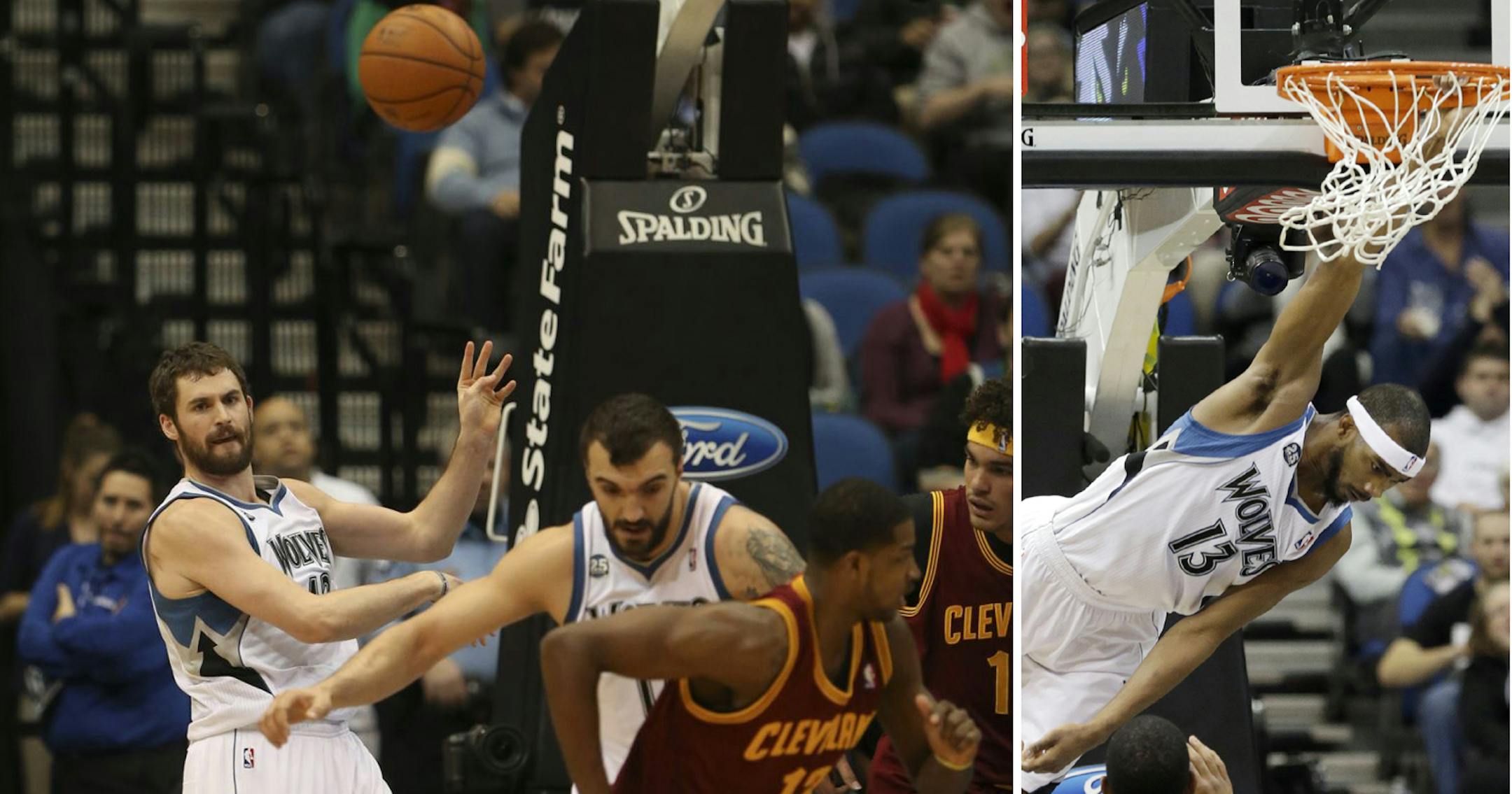 Kevin Love, left, launched a pass nearly the length of the court after a first-half rebound against Cleveland on Wednesday. Corey Brewer, right, finished off a fast-break dunk vs. Golden State last week, a break off a long outlet pass from Kevin Love.