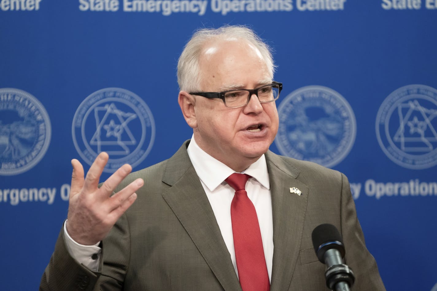 "I can only make a judgment as governor that I believe is in the best interest, the health and safety of Minnesotans and stick with that," Gov. Tim Walz said during a recent coronavirus press briefing. Walz, above, is seen at a COVID-19 briefing on April 8.