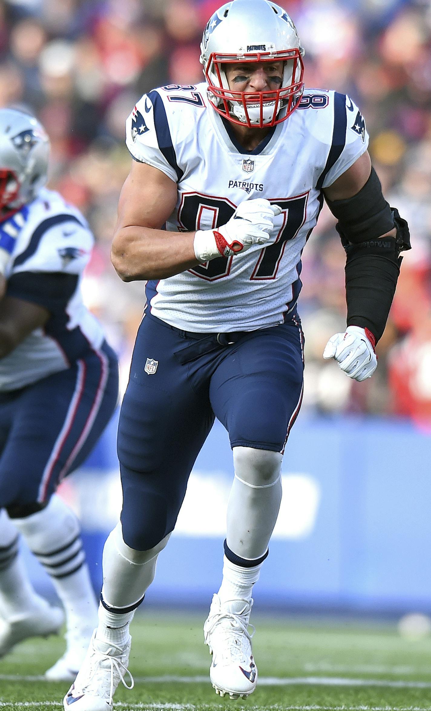 New England Patriots tight end Rob Gronkowski runs a route against the Buffalo Bills during the second half of an NFL football game, Sunday, Dec. 3, 2017, in Orchard Park, N.Y. (AP Photo/Rich Barnes) ORG XMIT: NYJC11