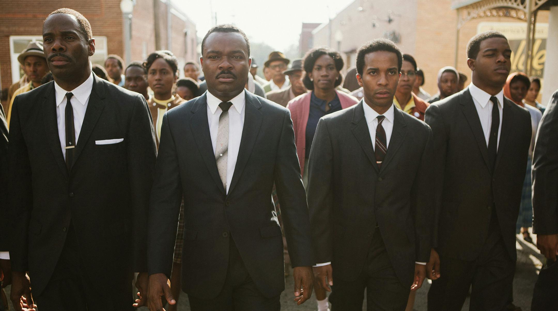 This photo released by Paramount Pictures shows, from left, foreground: Colman Domingo as Ralph Abernathy, David Oyelowo as Dr. Martin Luther King, Jr., Andr√© Holland as Andrew Young, and Stephan James as John Lewis in a scene from the film, "Selma," from Paramount Pictures, Path√©, and Harpo Films. (AP Photo/Paramount Pictures, Atsushi Nishijima) ORG XMIT: MIN2014122918172163
