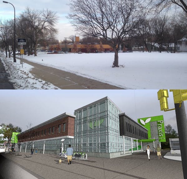 A photo and rendering of a proposed grocery store sight at Plymouth and Penn Aves. in north Minneapolis.