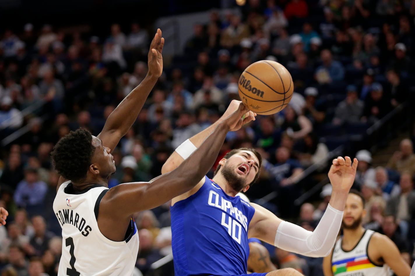 Timberwolves guard Anthony Edwards blocked a shot by Clippers center Ivica Zubac